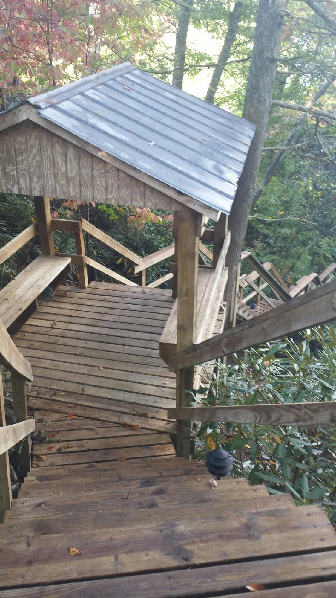 Metal roofed shelter over wooden steps on a wooded walkway — Skylight Repair & Installation work by our crew in Moxee